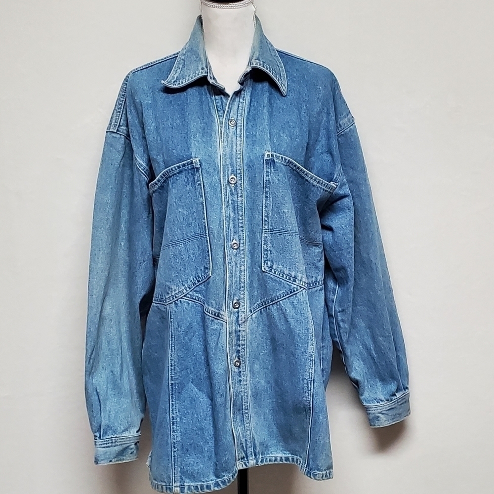 Vintage OOAK red oxx stone wash large pocket button up denim shacket jean jacket
